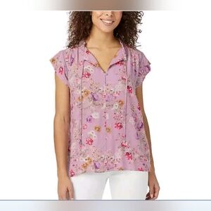 Buffalo Ladies' Flutter Sleeve Floral Top Split Neckline Tie Closure